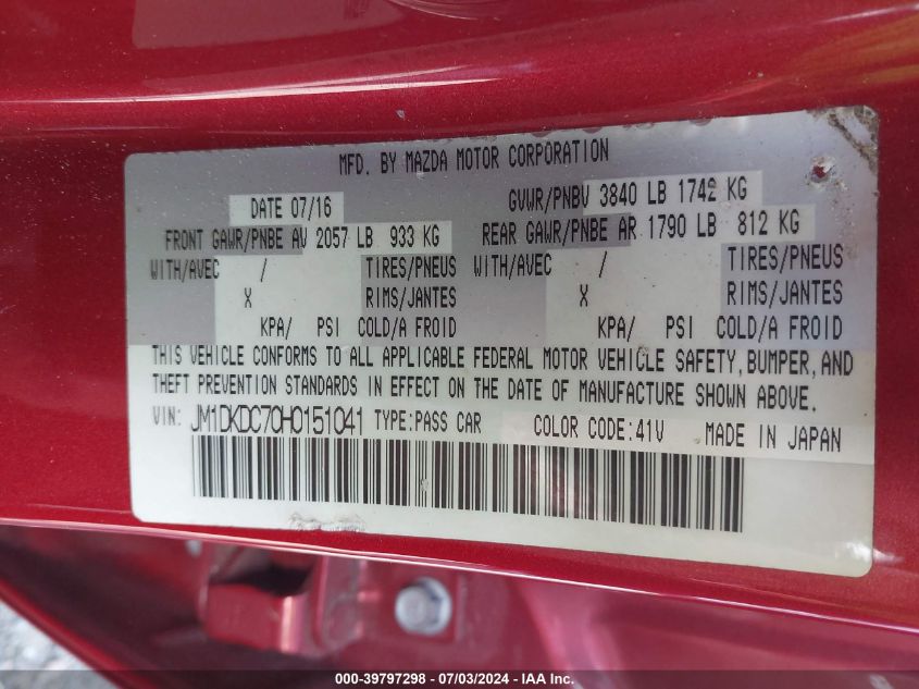 2017 Mazda Cx-3 Touring VIN: JM1DKDC70H0151041 Lot: 39797298