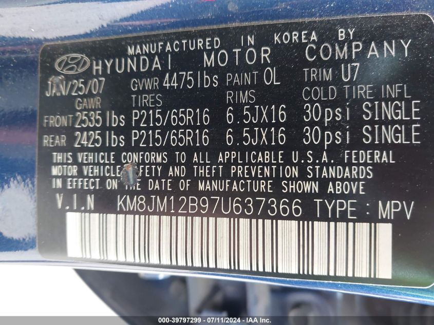 2007 Hyundai Tucson Gls VIN: KM8JM12B97U637366 Lot: 39797299