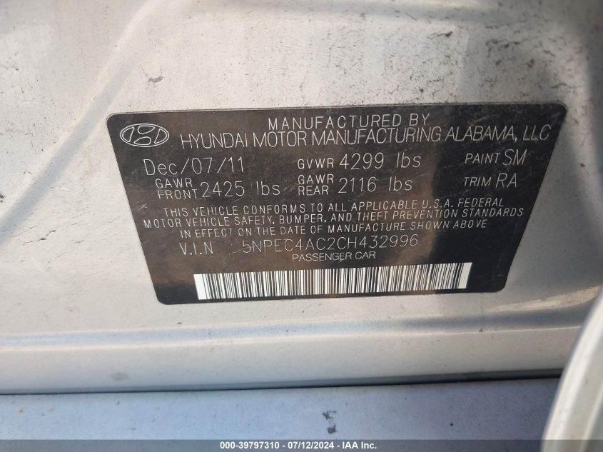 2012 Hyundai Sonata Se VIN: 5NPEC4AC2CH432996 Lot: 39797310