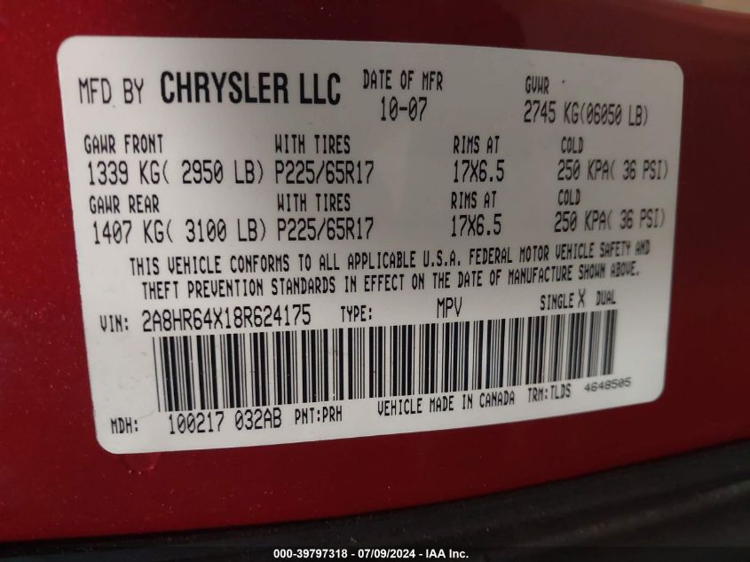 2008 Chrysler Town & Country Limited VIN: 2A8HR64X18R624175 Lot: 39797318