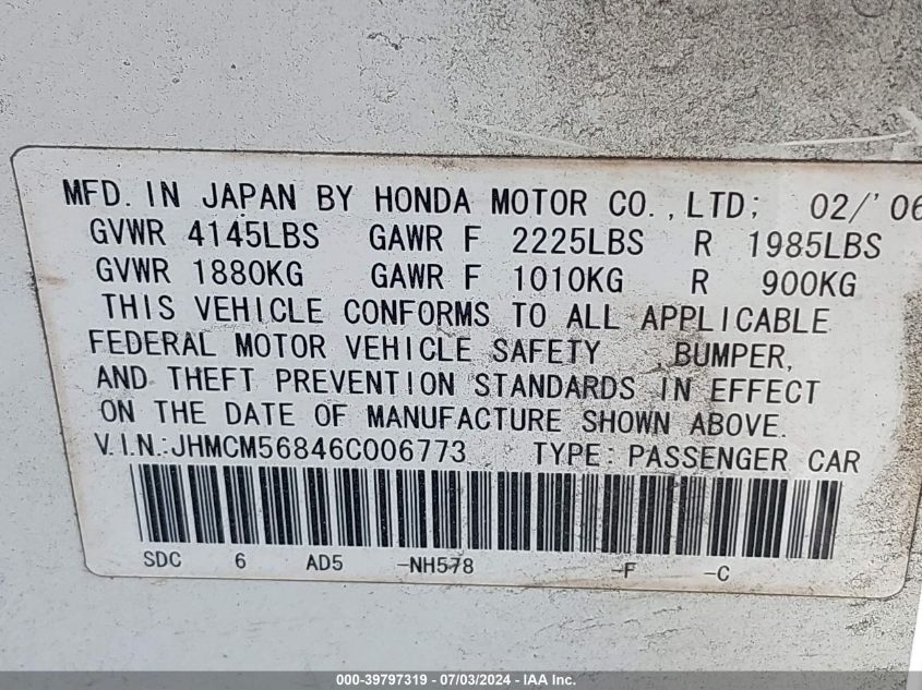 2006 Honda Accord 2.4 Ex VIN: JHMCM56846C006773 Lot: 39797319