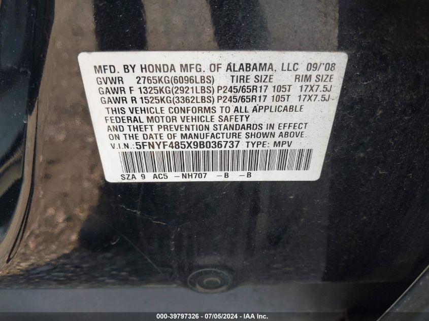 2009 Honda Pilot Ex-L VIN: 5FNYF485X9B036737 Lot: 39797326