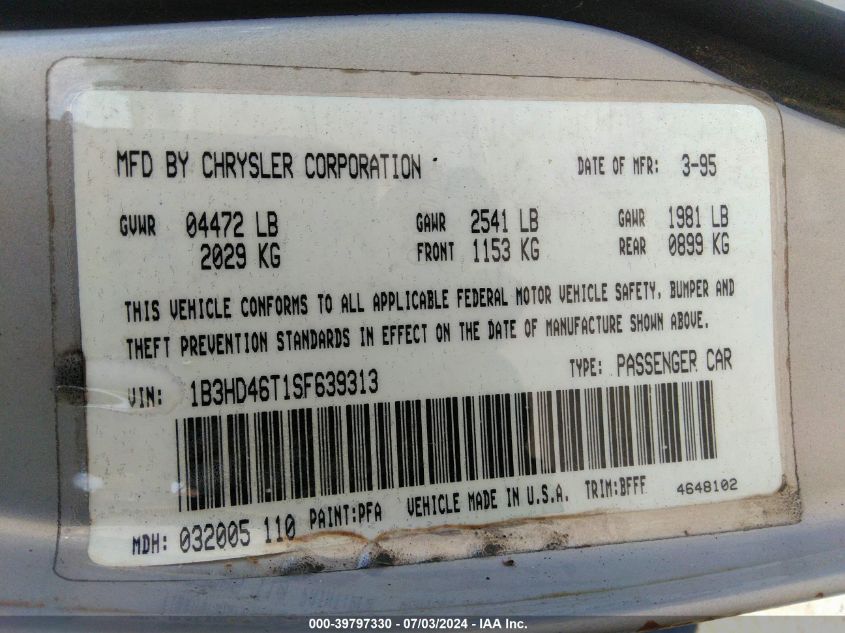 1995 Dodge Intrepid VIN: 1B3HD46T1SF639313 Lot: 39797330