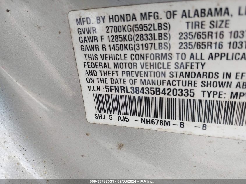 2005 Honda Odyssey Ex VIN: 5FNRL38435B420335 Lot: 39797331