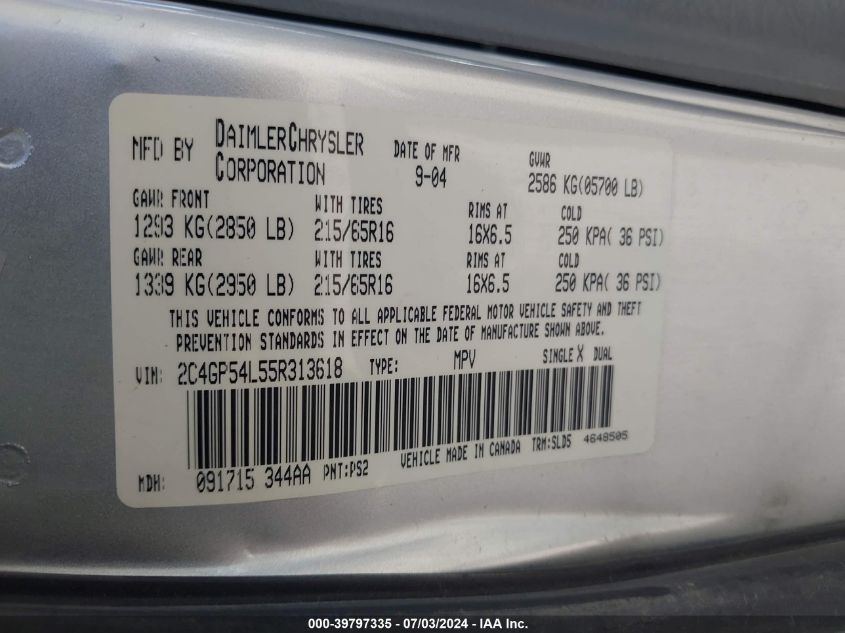 2005 Chrysler Town & Country Touring VIN: 2C4GP54L55R313618 Lot: 39797335