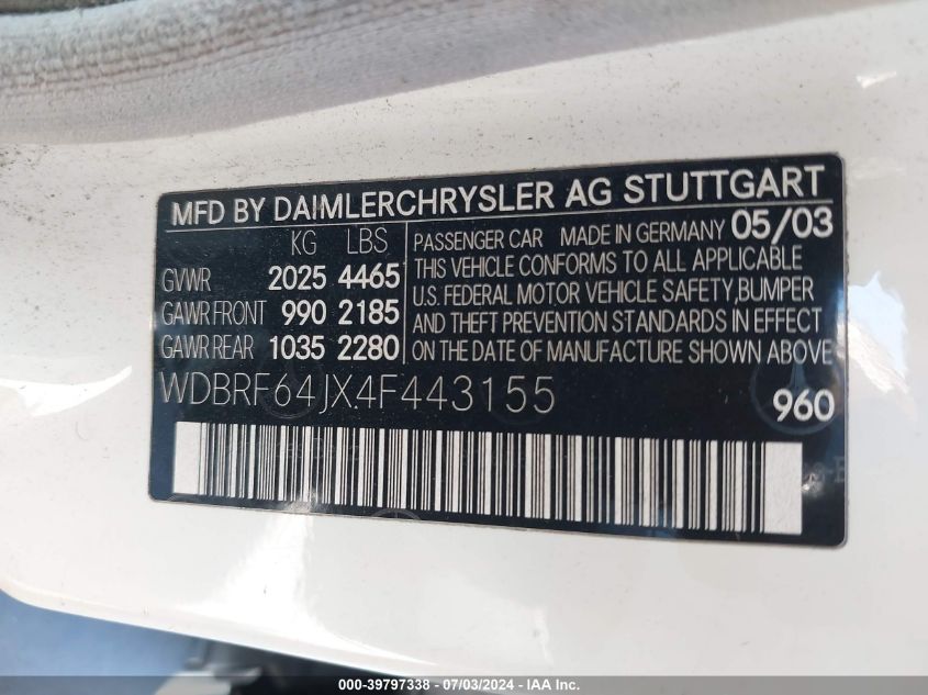 2004 Mercedes-Benz C 320 VIN: WDBRF64JX4F443155 Lot: 39797338