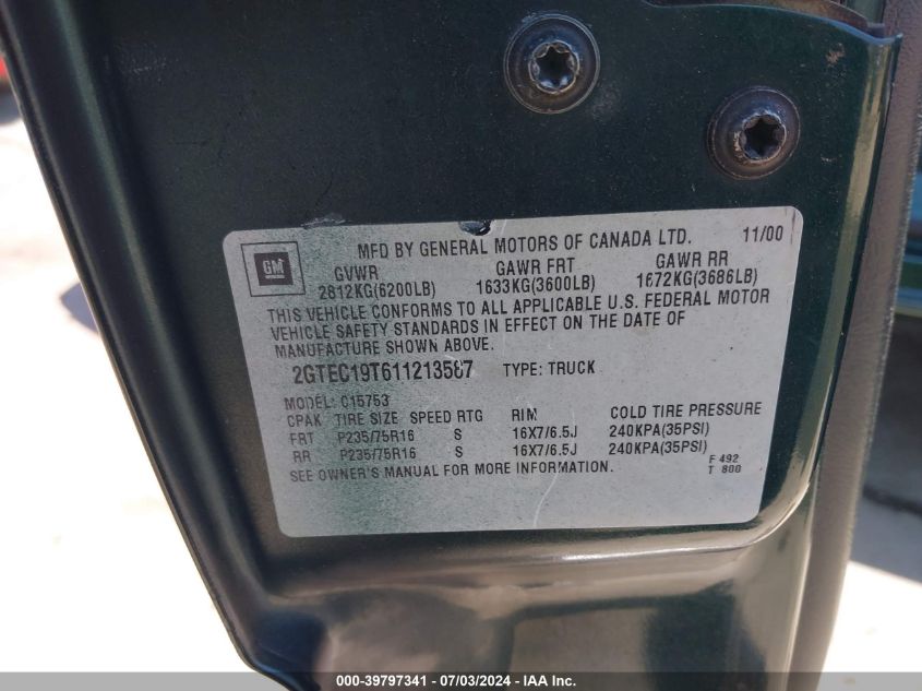 2001 GMC New Sierra C1500 VIN: 2GTEC19T611213587 Lot: 39797341
