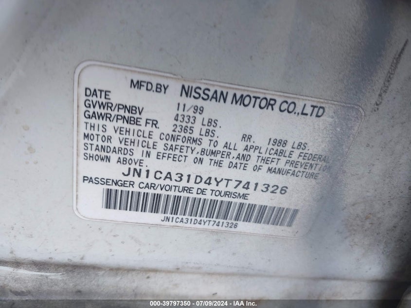 2000 Nissan Maxima Gle/Gxe/Se VIN: JN1CA31D4YT741326 Lot: 39797350