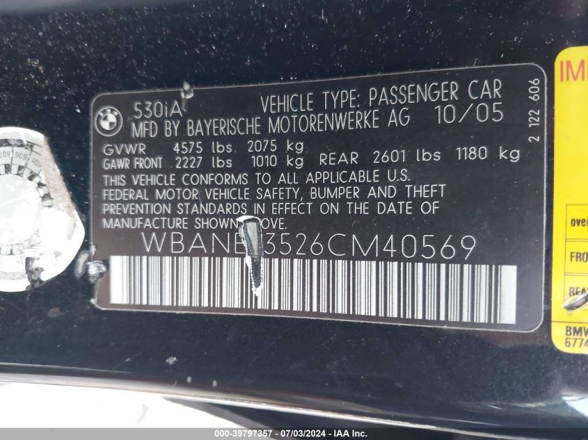 2006 BMW 530I VIN: WBANE73526CM40569 Lot: 39797357