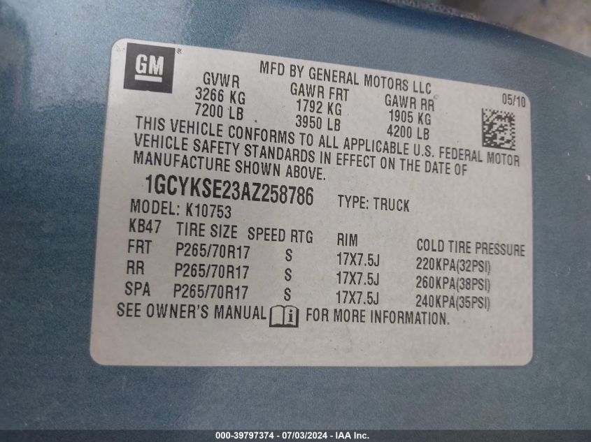 2010 Chevrolet Silverado 1500 Lt VIN: 1GCYKSE23AZ258786 Lot: 39797374