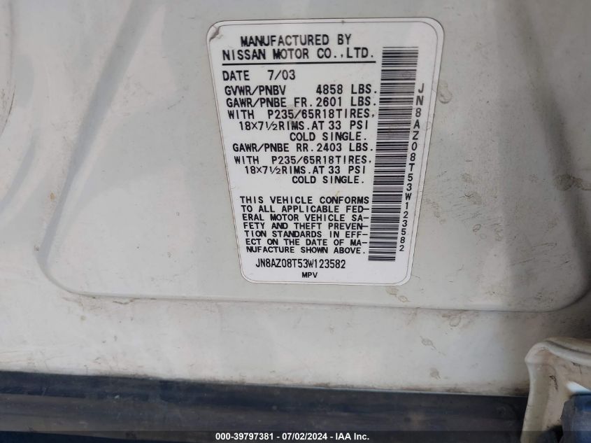 2003 Nissan Murano Sl VIN: JN8AZ08T53W123582 Lot: 39797381