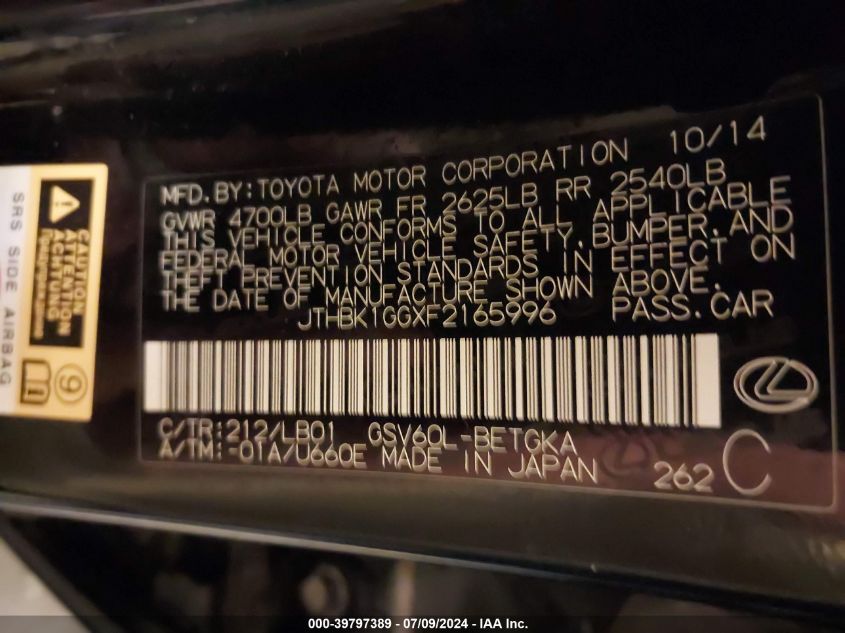 2015 Lexus Es 350 VIN: JTHBK1GGXF2165996 Lot: 39797389