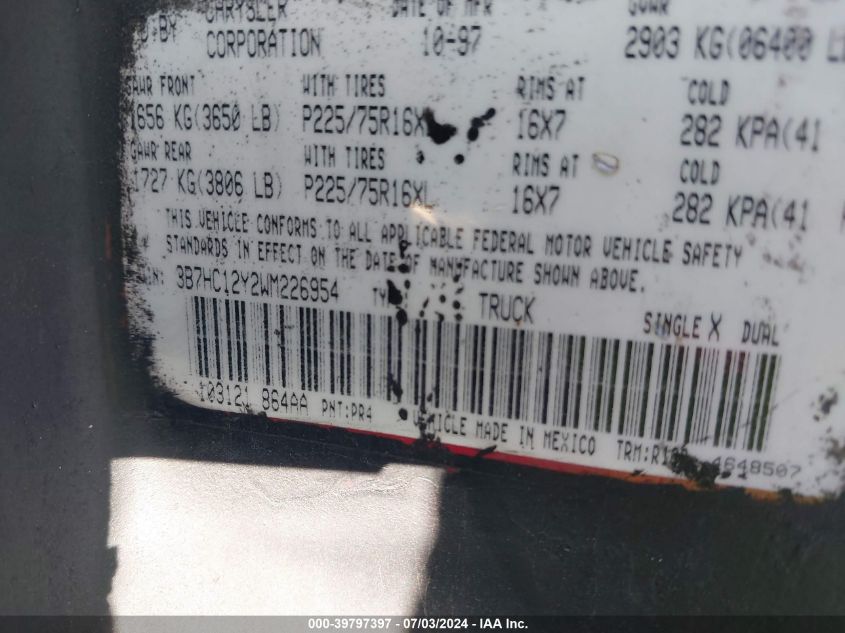 1998 Dodge Ram 1500 St VIN: 3B7HC12Y2WM226954 Lot: 39797397