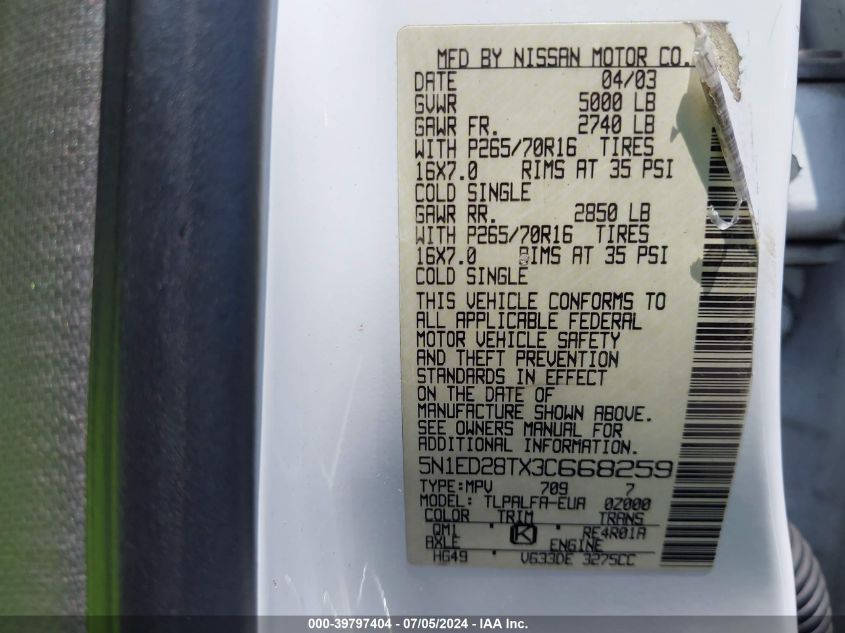 2003 Nissan Xterra Se VIN: 5N1ED28TX3C668259 Lot: 39797404