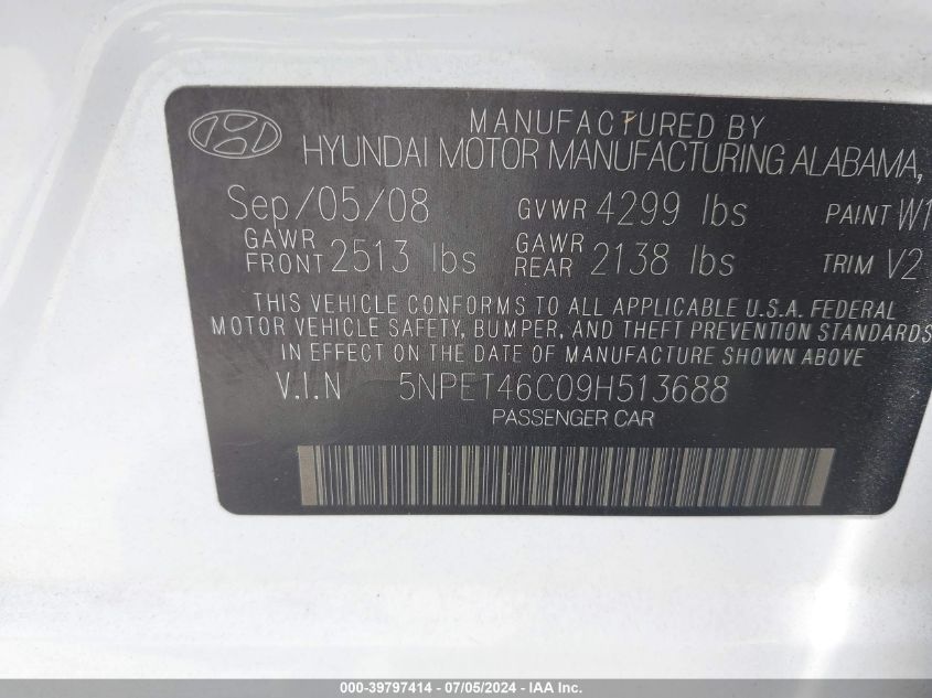 2009 Hyundai Sonata Gls VIN: 5NPET46C09H513688 Lot: 39797414