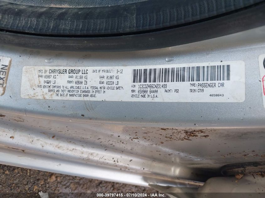 2012 Dodge Avenger Se VIN: 1C3CDZAB6CN231499 Lot: 39797415