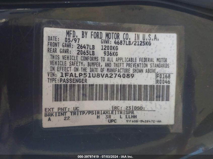 1997 Ford Taurus G VIN: 1FALP51U8VA274089 Lot: 39797419