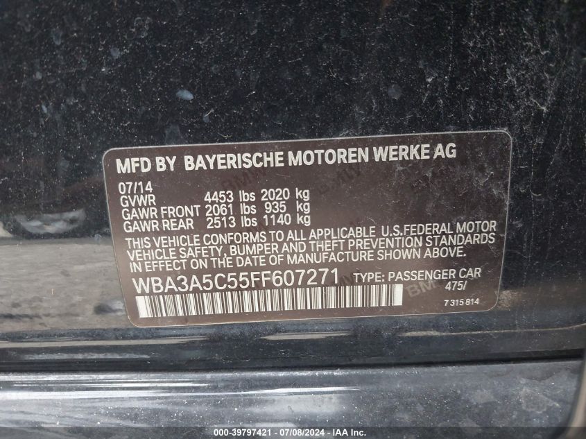 2015 BMW 328 I VIN: WBA3A5C55FF607271 Lot: 39797421