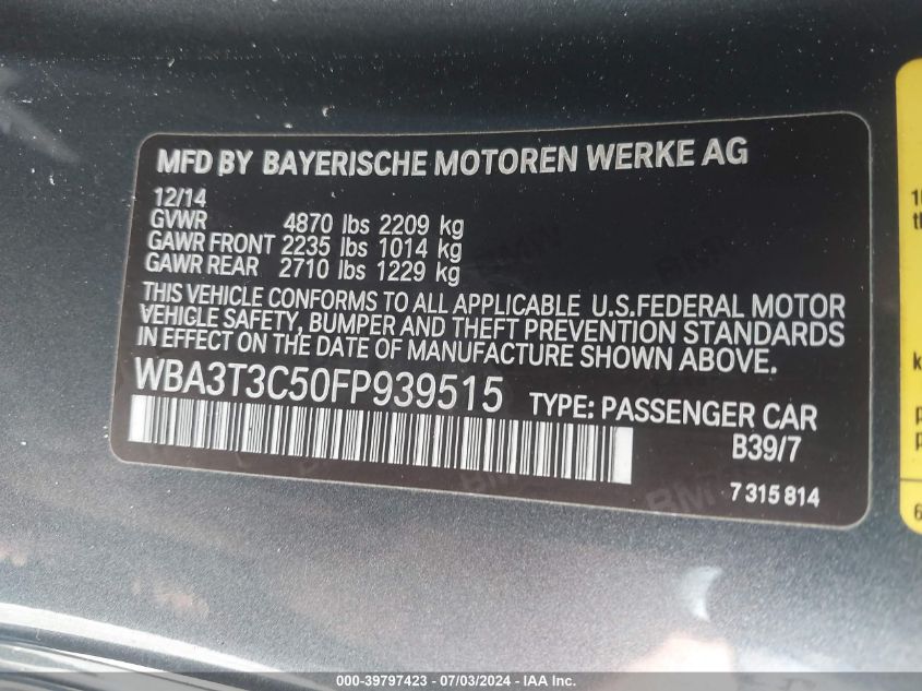 2015 BMW 435I I VIN: WBA3T3C50FP939515 Lot: 39797423