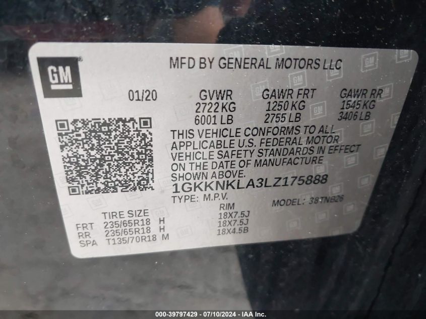 2020 GMC Acadia Sle VIN: 1GKKNKLA3LZ175888 Lot: 39797429