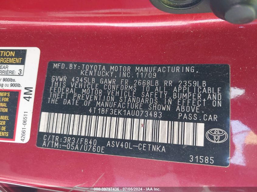 4T1DF3EK1AUO63483 2010 Toyota Camry Le