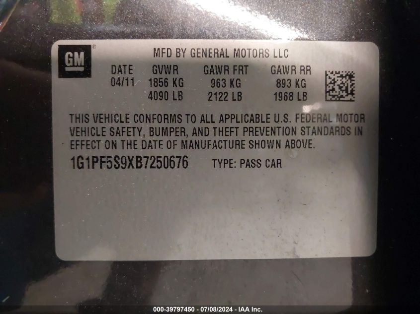 2011 Chevrolet Cruze 1Lt VIN: 1G1PF5S9XB7250676 Lot: 39797450