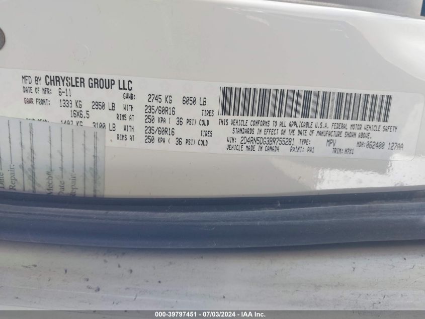 2011 Dodge Grand Caravan Crew VIN: 2D4RN5DG3BR755281 Lot: 39797451