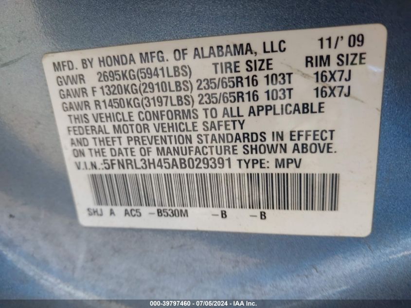 2010 Honda Odyssey Ex VIN: 5FNRL3H45AB029391 Lot: 39797460