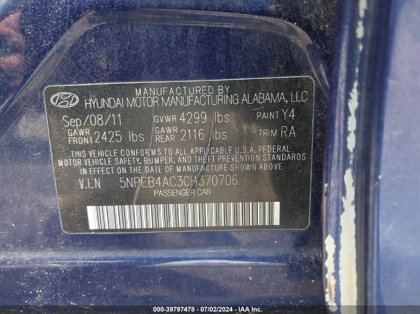 5NPEB4AC3CH370706 2012 Hyundai Sonata Gls