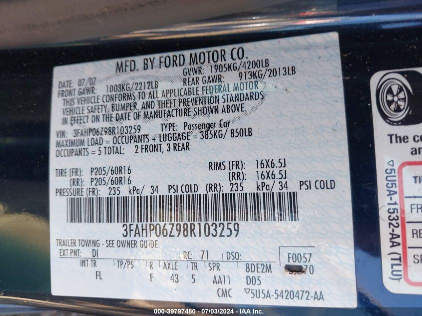 3FAHP06Z98R103259 | 2008 FORD FUSION