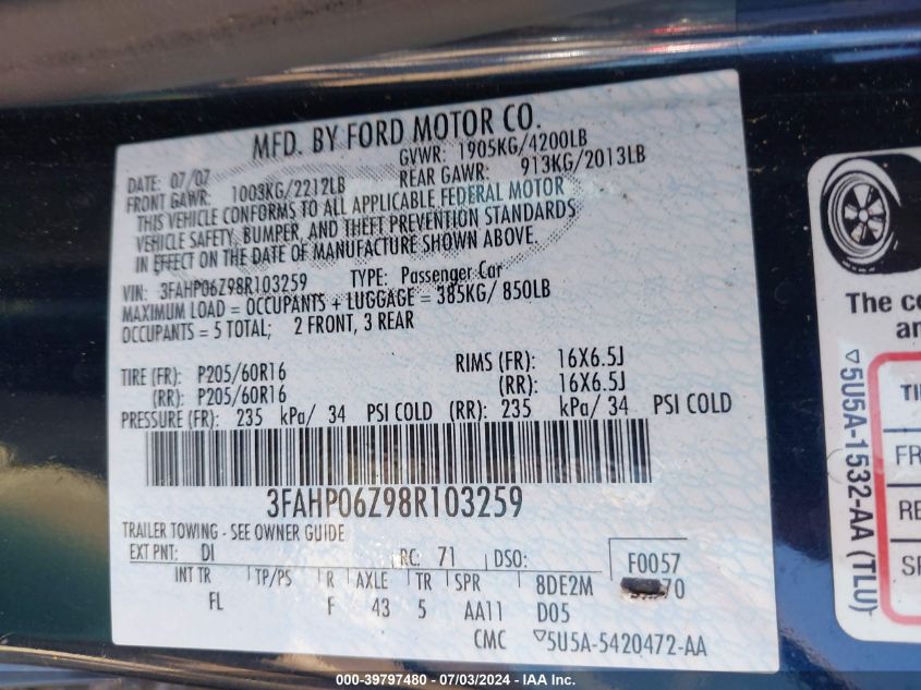 2008 Ford Fusion S VIN: 3FAHP06Z98R103259 Lot: 39797480