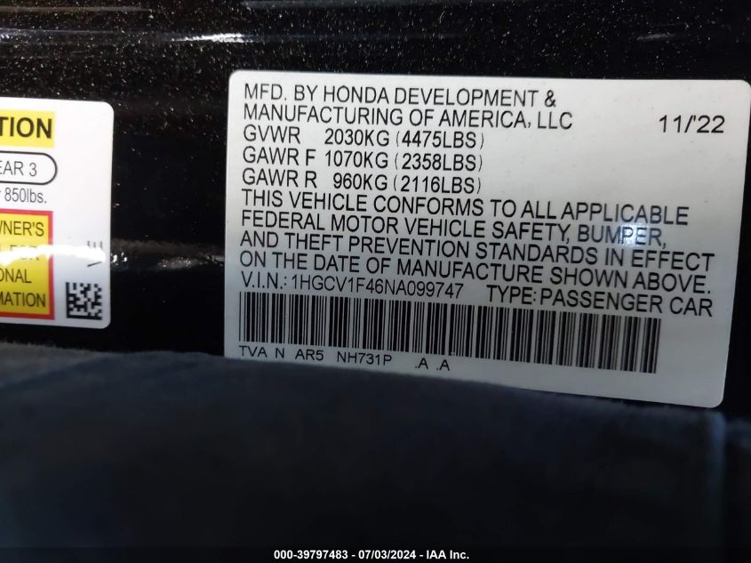 2022 Honda Accord Sport Special Edition VIN: 1HGCV1F46NA099747 Lot: 39797483
