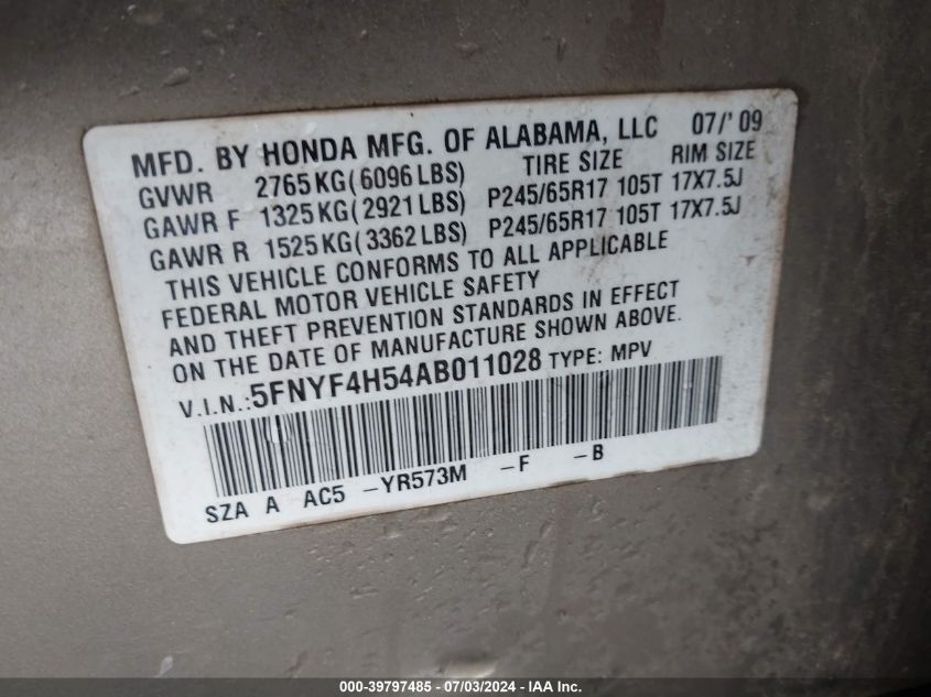 2010 Honda Pilot Ex-L VIN: 5FNYF4H54AB011028 Lot: 39797485