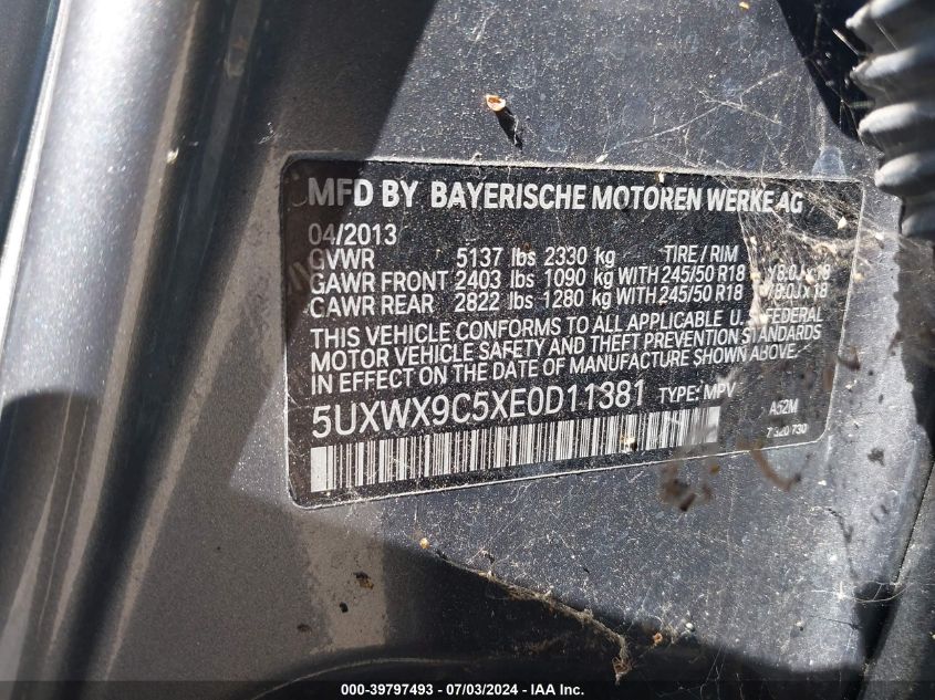 2014 BMW X3 xDrive28I VIN: 5UXWX9C5XE0D11381 Lot: 39797493