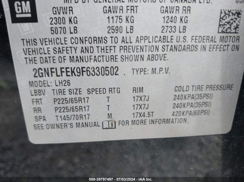 2015 Chevrolet Equinox 1Lt VIN: 2GNFLFEK9F6330502 Lot: 39797497