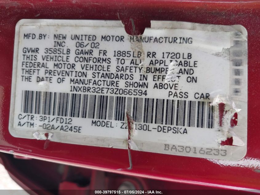 2003 Toyota Corolla S VIN: 1NXBR32E73Z066594 Lot: 39797515