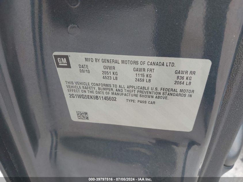 2011 Chevrolet Impala Lt VIN: 2G1WG5EK9B1145602 Lot: 39797516