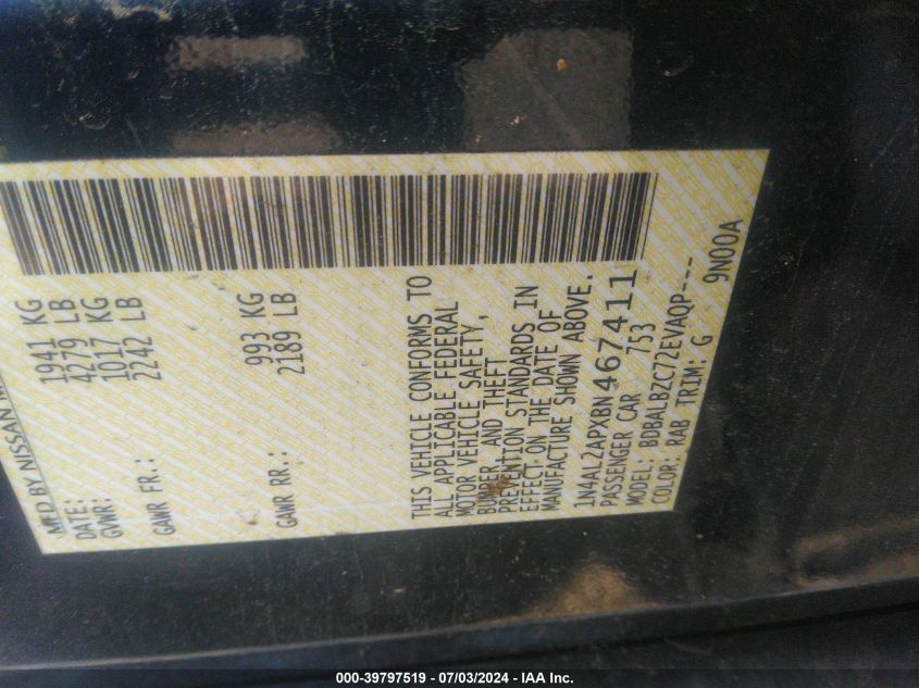 2011 Nissan Altima 2.5 S VIN: 1N4AL2APXBN467411 Lot: 39797519