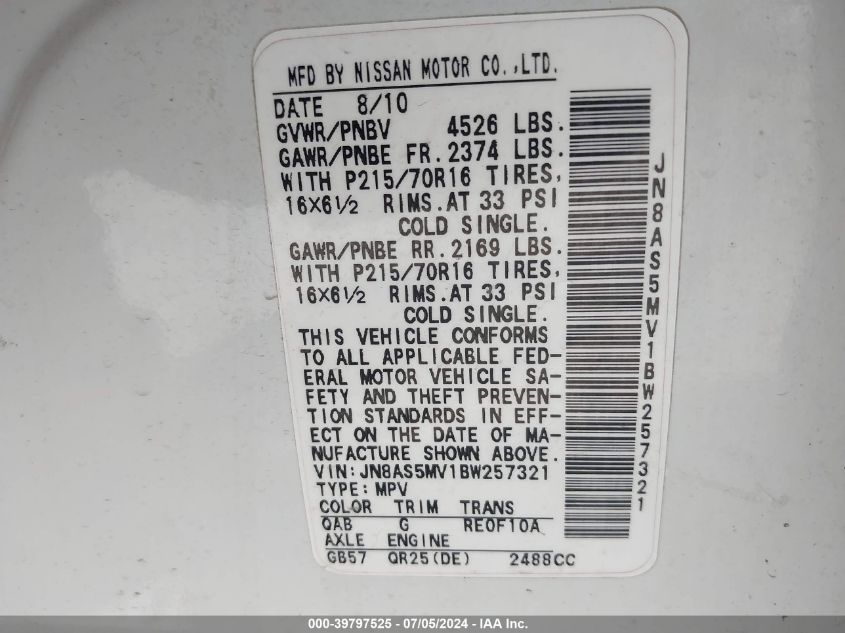 2011 Nissan Rogue S VIN: JN8AS5MV1BW257321 Lot: 39797525