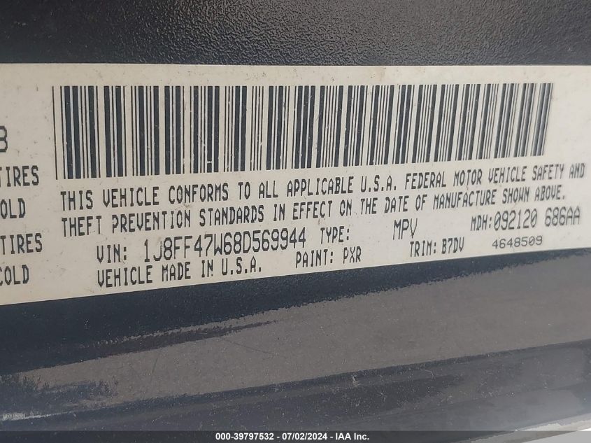 2008 Jeep Compass Sport VIN: 1J8FF47W68D569944 Lot: 39797532