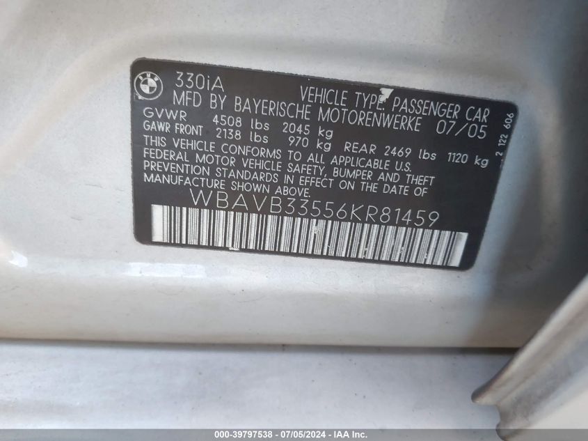 2006 BMW 330I VIN: WBAVB33556KR81459 Lot: 39797538