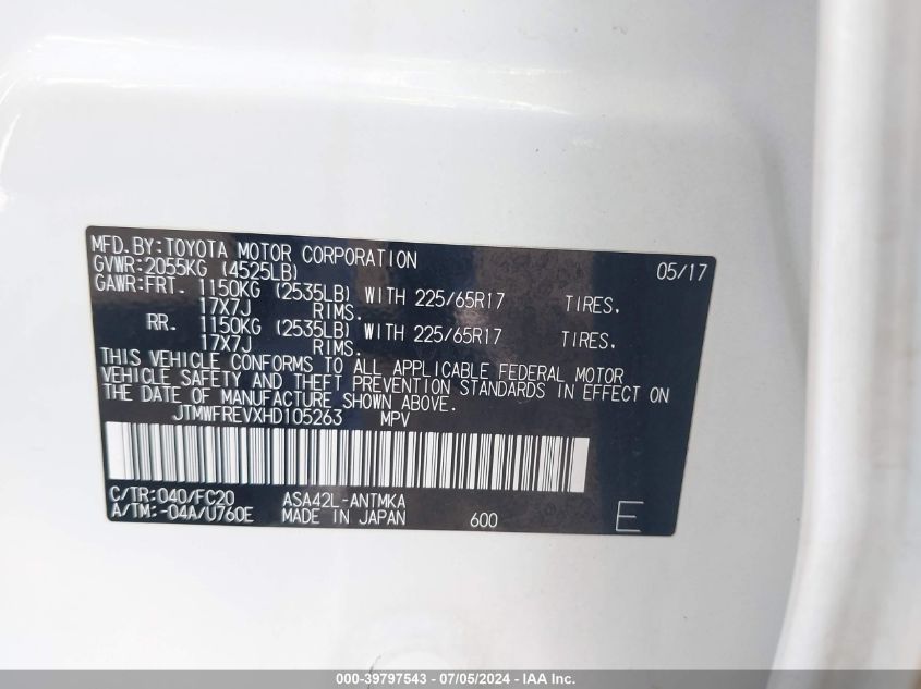 2017 Toyota Rav4 Xle VIN: JTMWFREVXHD105263 Lot: 39797543