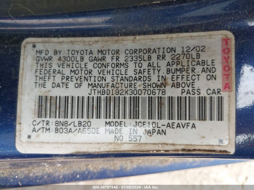 2003 Lexus Is 300 VIN: JTHBD192X30070678 Lot: 39797548