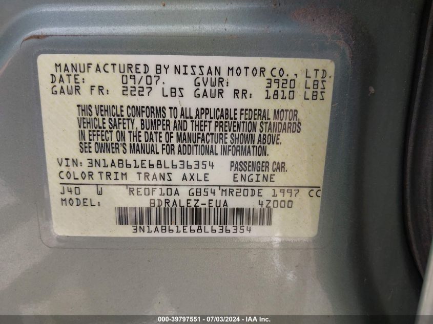 2008 Nissan Sentra 2.0 S VIN: 3N1AB61E68L636354 Lot: 39797551