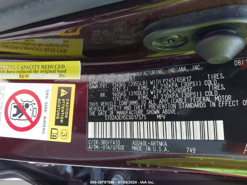 2012 Toyota Highlander VIN: 5TDZA3EH5CS017575 Lot: 39797560