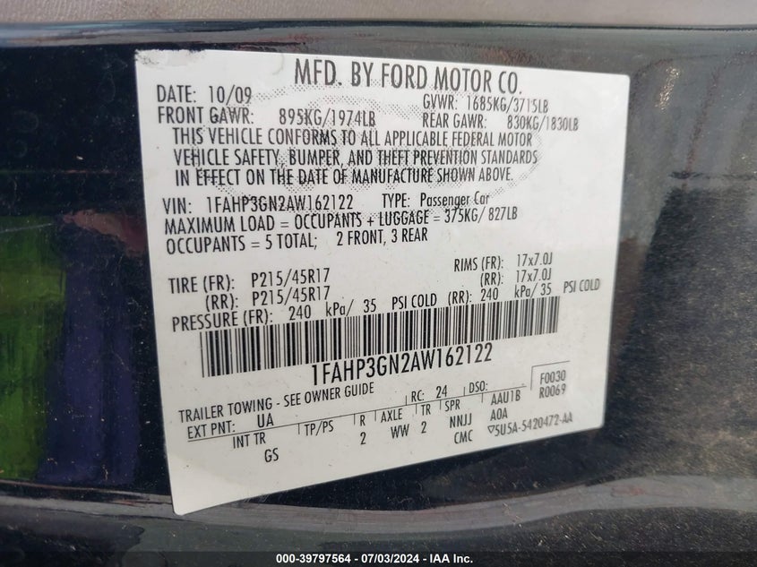 2010 Ford Focus Ses VIN: 1FAHP3GN2AW162122 Lot: 39797564