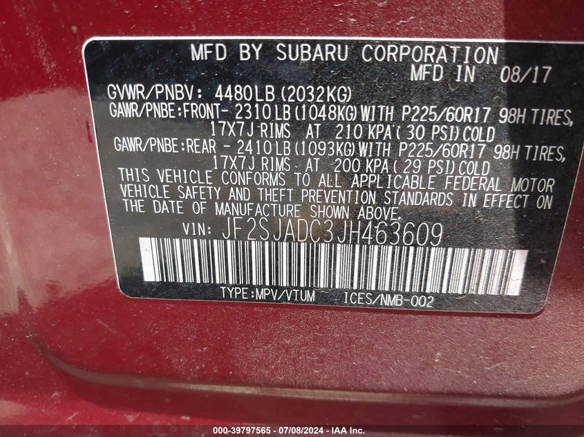 2018 Subaru Forester 2.5I Premium VIN: JF2SJADC3JH463609 Lot: 39797565