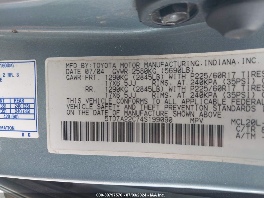2004 Toyota Sienna Xle Limited VIN: 5TDZA22C74S199090 Lot: 39797570