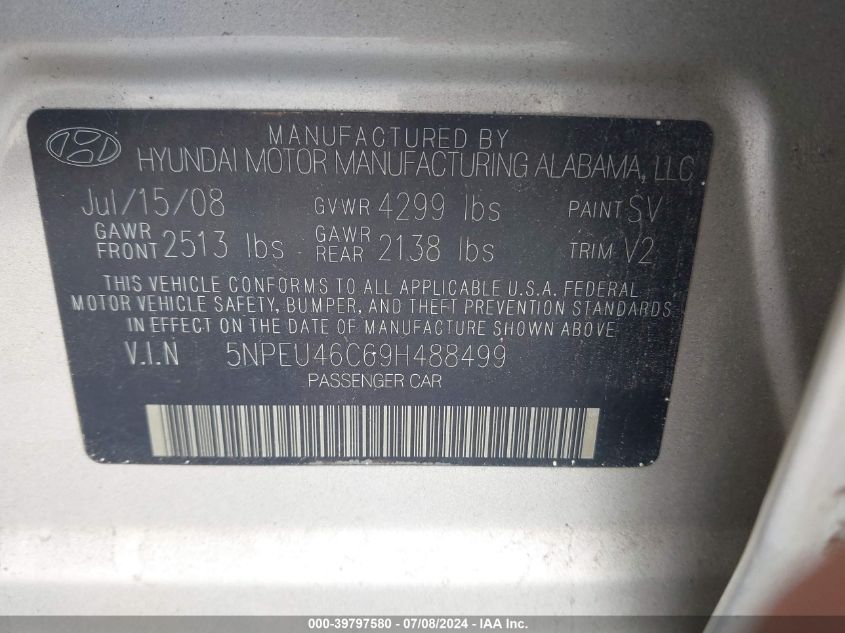 2009 Hyundai Sonata Limited VIN: 5NPEU46C69H488499 Lot: 39797580