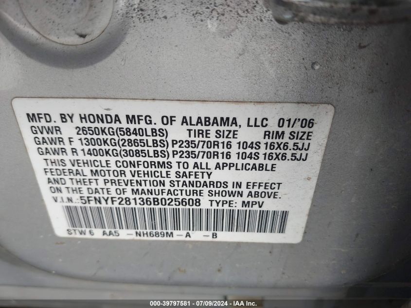 2006 Honda Pilot Lx VIN: 5FNYF28136B025608 Lot: 39797581